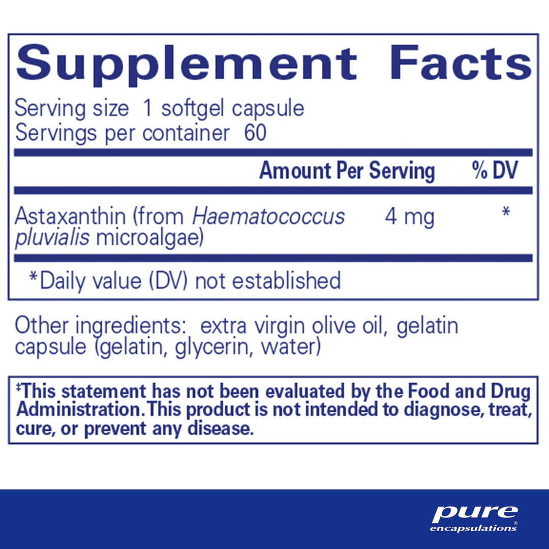 Pure Encapsulations Astaxanthin dietary supplement capsules supporting eye and skin health in a bottle of 60 capsules.