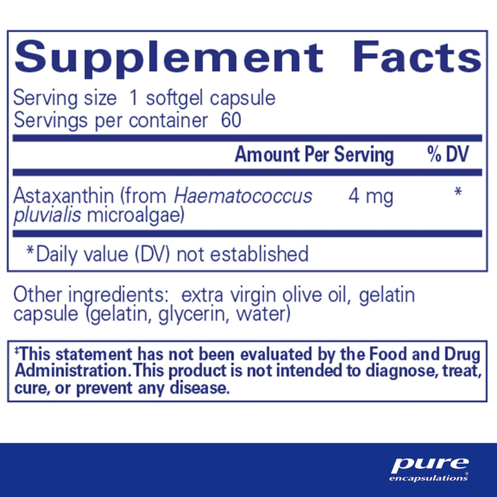 Pure Encapsulations Astaxanthin dietary supplement capsules supporting eye and skin health in a bottle of 60 capsules.