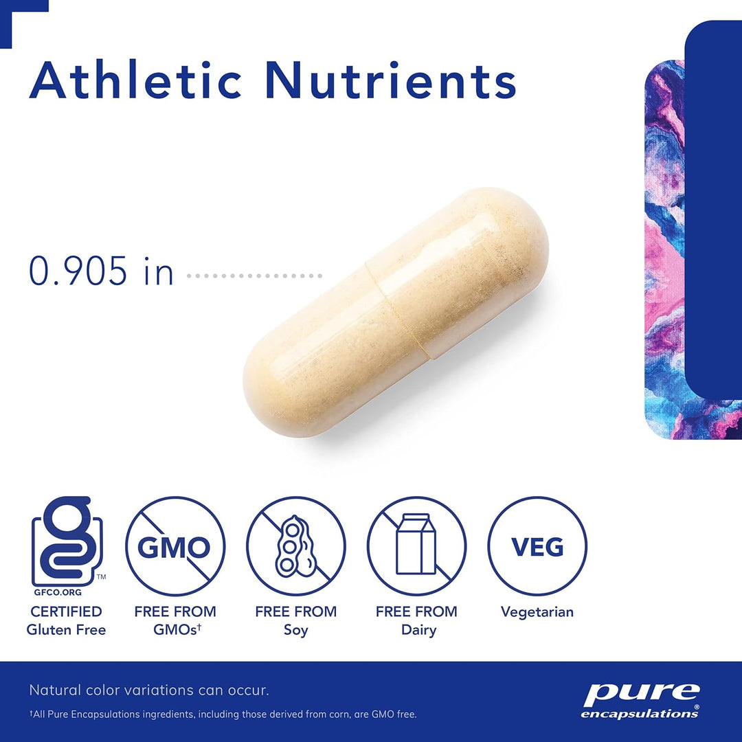Pure Encapsulations Athletic Nutrients dietary supplement capsules for supporting exercise performance and athletic health.
