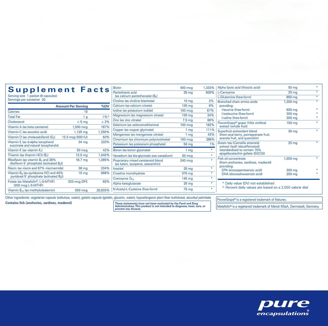 Pure Encapsulations Athletic Pure Pack dietary supplement packets for energy recovery, with 30 individual servings.