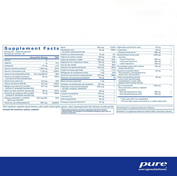 Pure Encapsulations Athletic Pure Pack dietary supplement packets for energy recovery, with 30 individual servings.