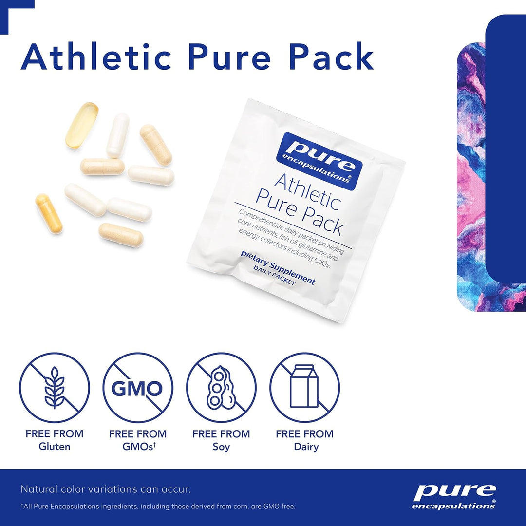 Pure Encapsulations Athletic Pure Pack dietary supplement packets for energy recovery, featuring 30 individual packets.