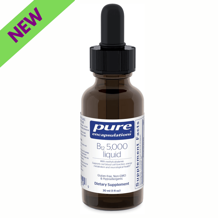 Pure Encapsulations B12 5000 Liquid dietary supplement bottle supporting energy, nerves, and cognition in a 1 fl oz size.