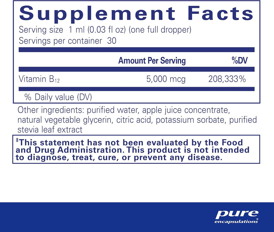 Pure Encapsulations B12 5000 Liquid dietary supplement bottle supporting energy, nerves, and cognition in a 1 fl oz container.