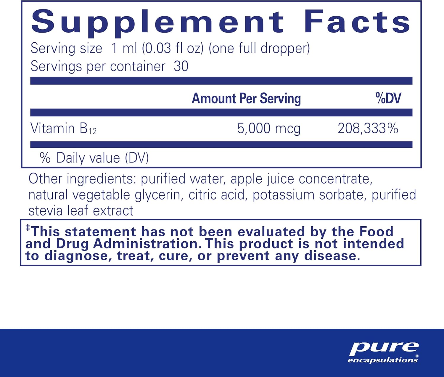 Pure Encapsulations B12 5000 Liquid dietary supplement bottle supporting energy, nerves, and cognition in a 1 fl oz container.