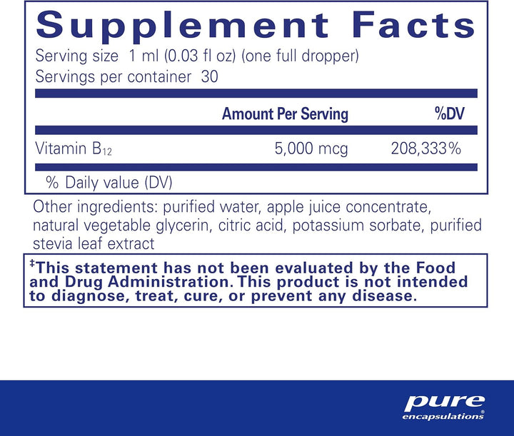 Pure Encapsulations B12 5000 Liquid dietary supplement bottle supporting energy, nerves, and cognition in a 1 fl oz container.