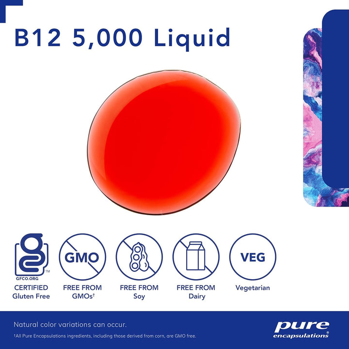 Pure Encapsulations B12 5000 Liquid dietary supplement bottle supporting energy, nerves, and cognition in a 1 fl oz container.