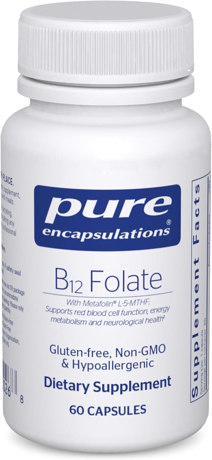 Pure Encapsulations B12 Folate dietary supplement bottles, supporting energy and nerve function in 60 capsules.
