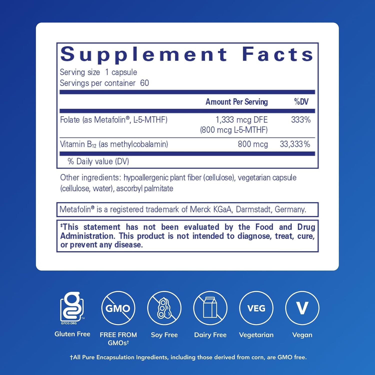 Pure Encapsulations B12 Folate dietary supplement capsules supporting energy and nerve function, 60 capsules in bottle.