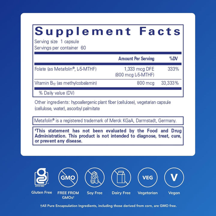 Pure Encapsulations B12 Folate dietary supplement capsules supporting energy and nerve function, 60 capsules in bottle.