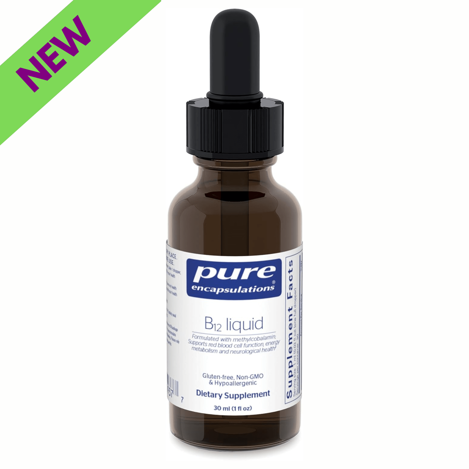 Pure Encapsulations B12 Liquid dietary supplement supporting energy, nerves, and immune function in a 1 fl oz bottle.