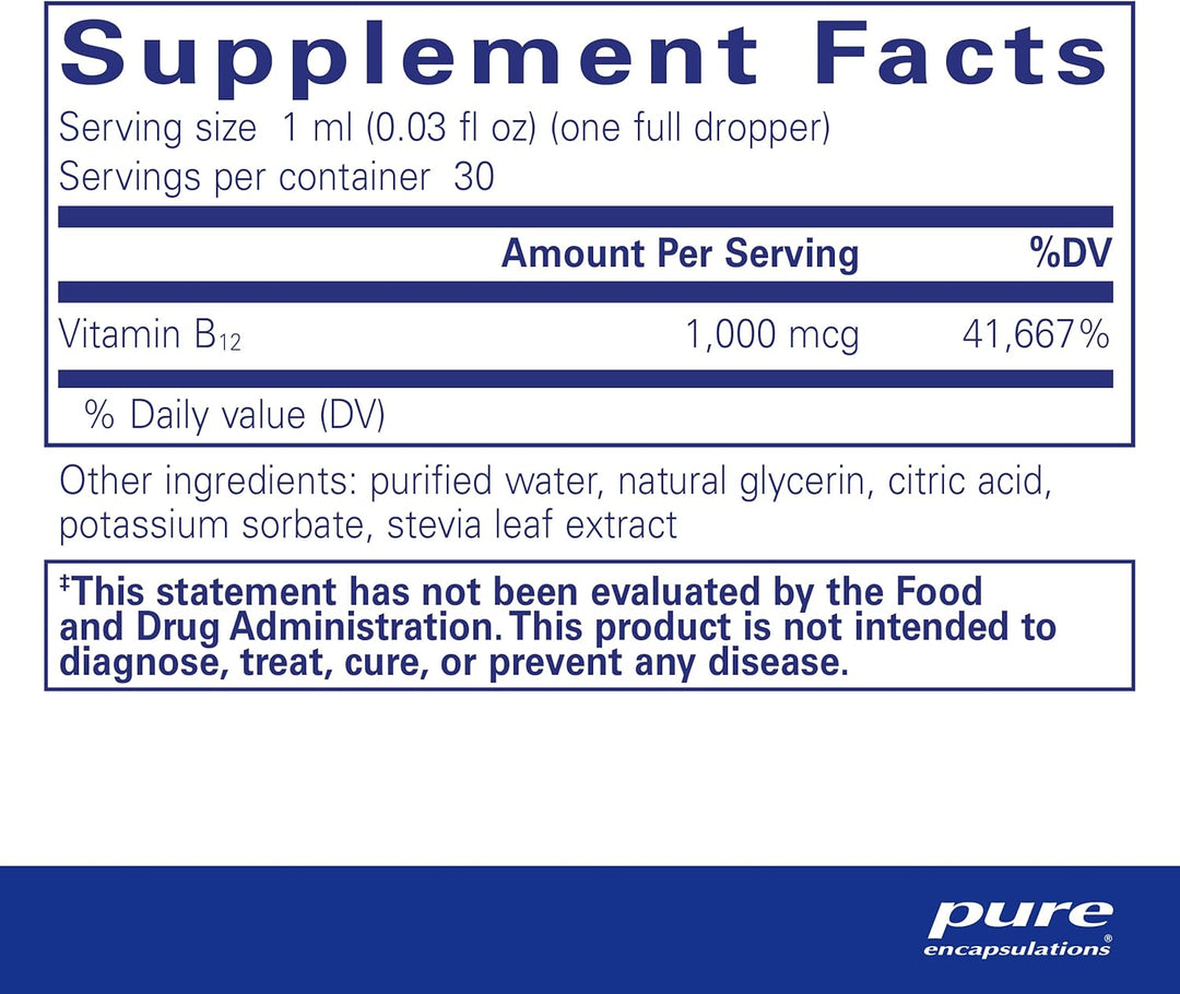 Pure Encapsulations B12 Liquid dietary supplement for energy, nerve, and immune support in a 1 fl oz bottle.