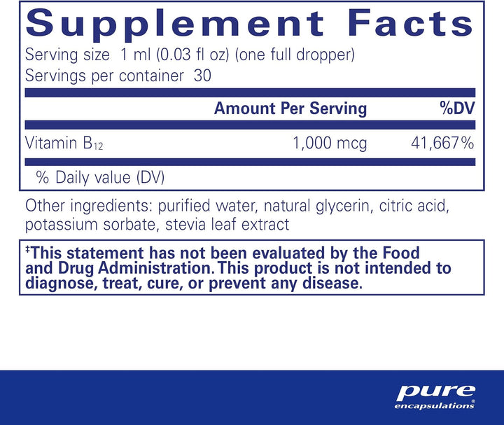Pure Encapsulations B12 Liquid dietary supplement for energy, nerve, and immune support in a 1 fl oz bottle.