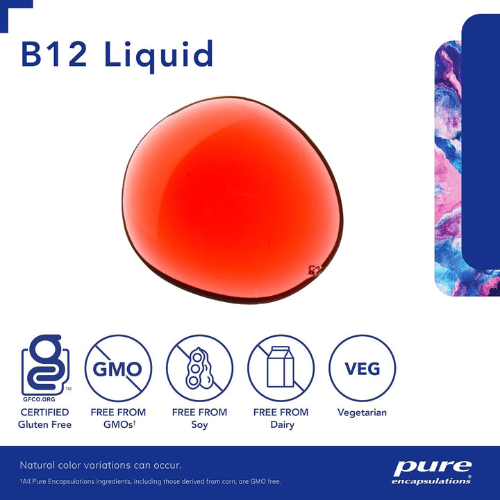 Pure Encapsulations B12 Liquid dietary supplement supporting energy, nerves, and immune function in a 1 fl oz bottle.