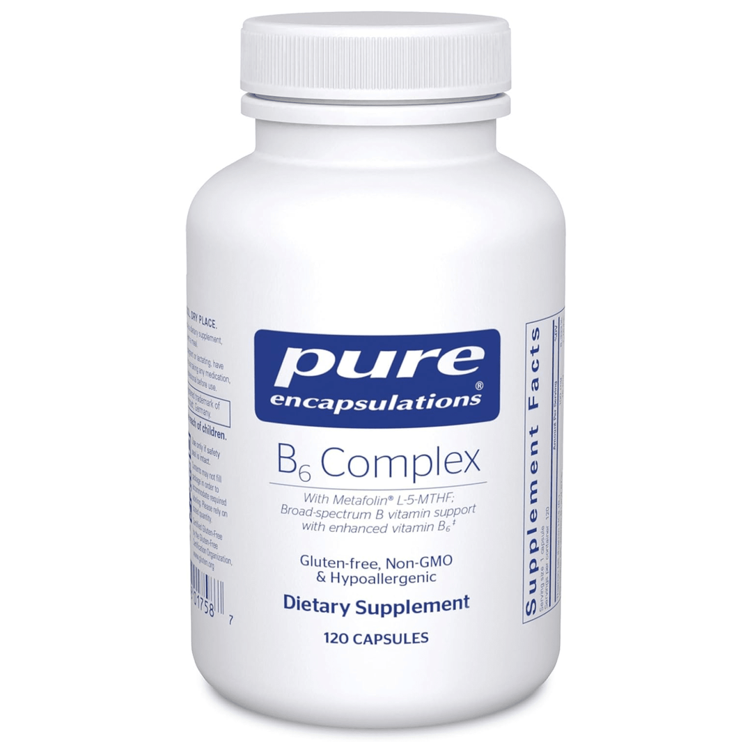 Pure Encapsulations B6 Complex dietary supplement bottles supporting brain and nerve health, 120 capsules.