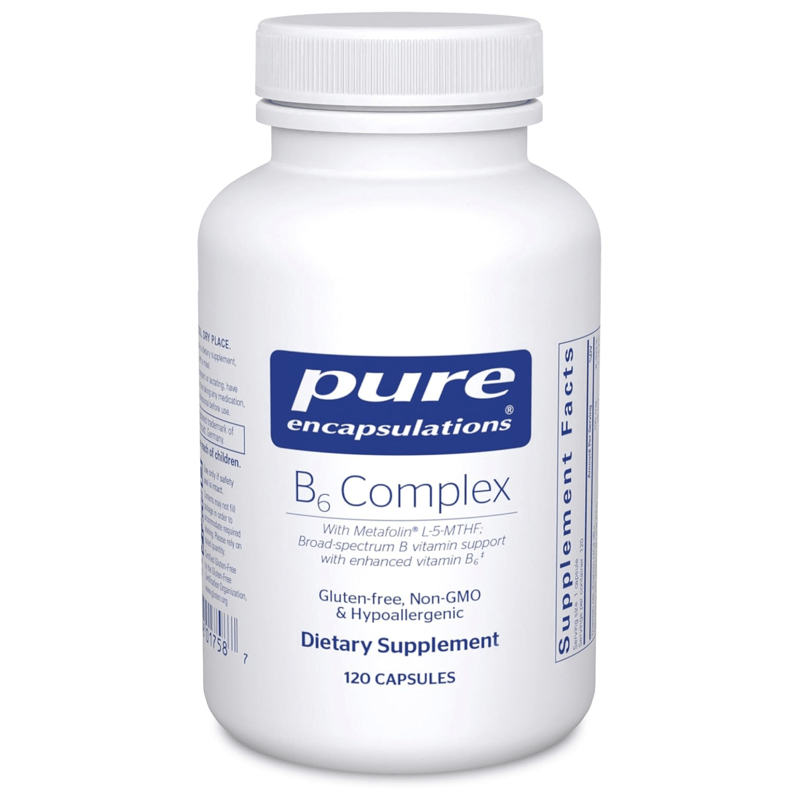 Pure Encapsulations B6 Complex dietary supplement bottles supporting brain and nerve health, 120 capsules.