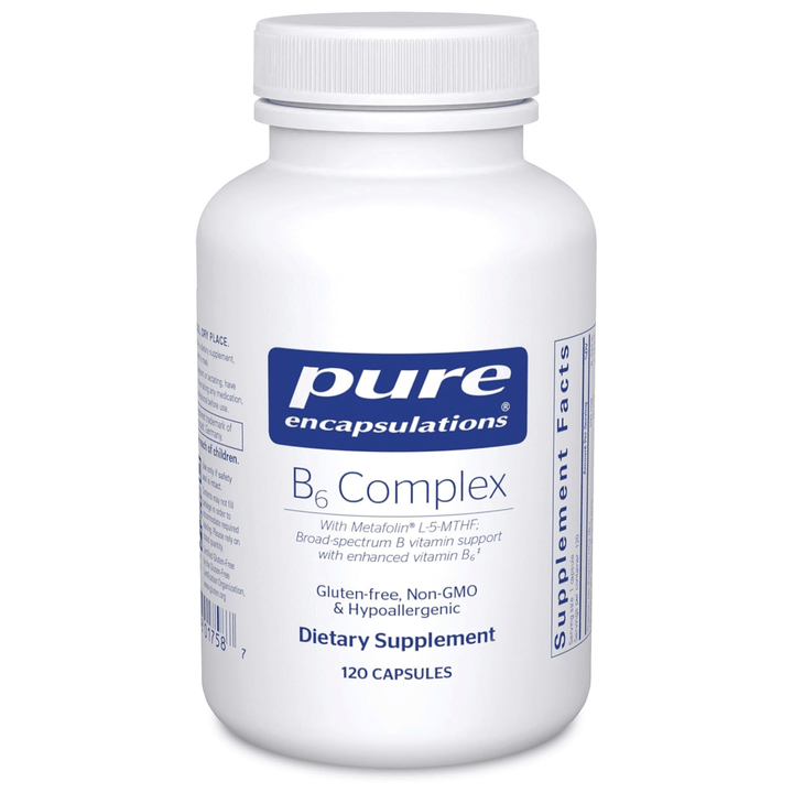 Pure Encapsulations B6 Complex dietary supplement bottles supporting brain and nerve health, 120 capsules.