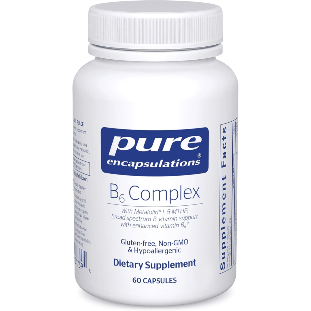 Pure Encapsulations B6 Complex dietary supplement capsules supporting brain and nerve health in a bottle of 60 capsules.