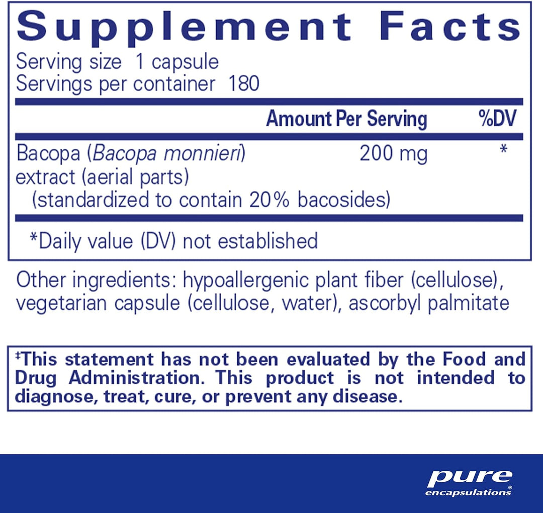 Pure Encapsulations Bacopa Monnieri dietary supplement bottle with 180 caps supporting brain function and focus.