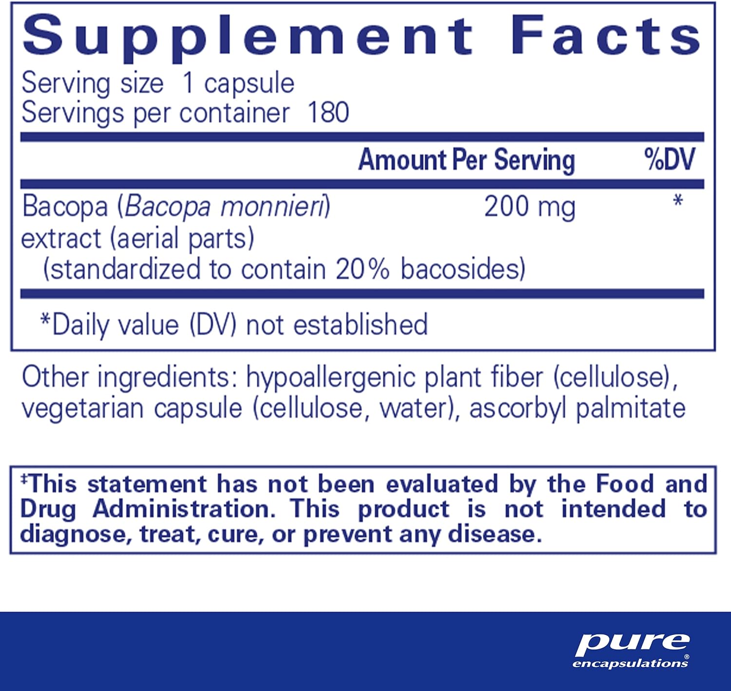 Pure Encapsulations Bacopa Monnieri dietary supplement bottle with 180 caps supporting brain function and focus.
