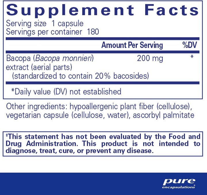 Pure Encapsulations Bacopa Monnieri dietary supplement bottle with 180 caps supporting brain function and focus.