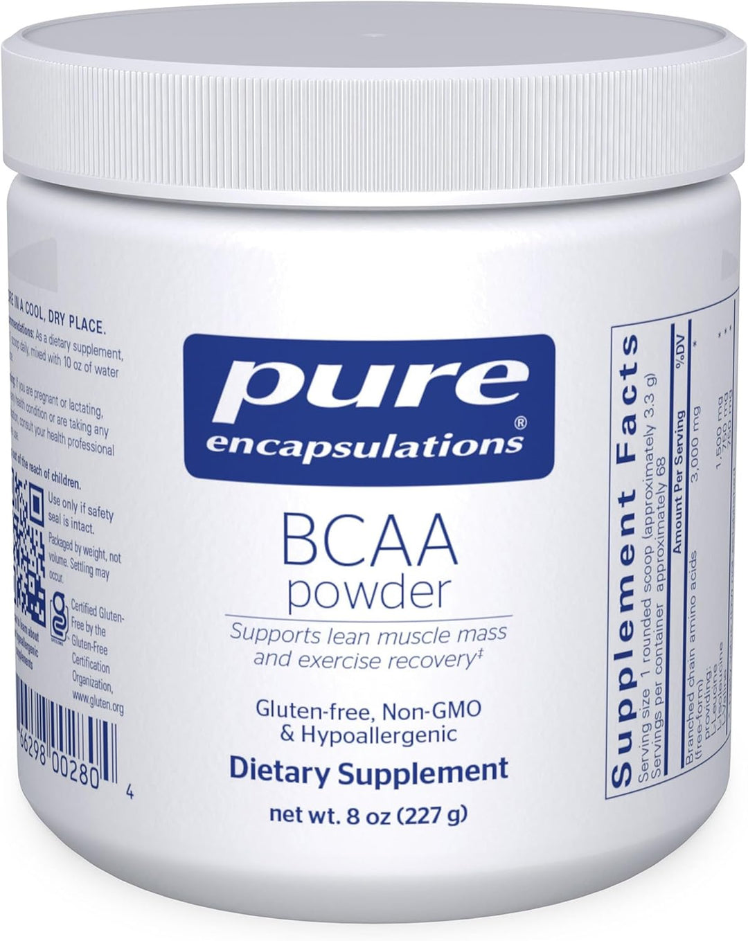 Pure Encapsulations BCAA Powder dietary supplement in an 8-ounce container for muscle function support.
