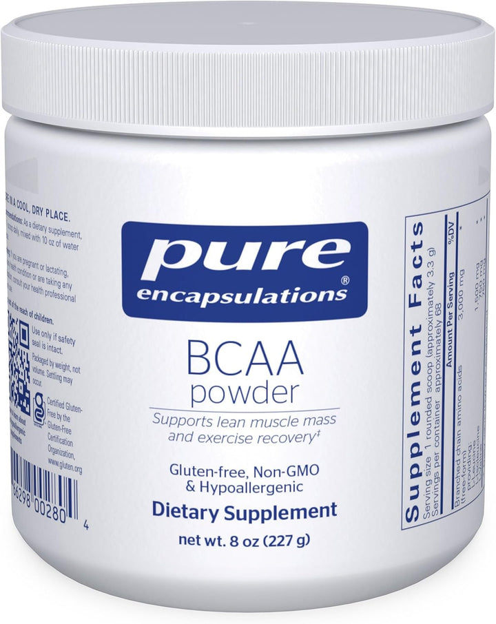 Pure Encapsulations BCAA Powder dietary supplement in an 8-ounce container for muscle function support.