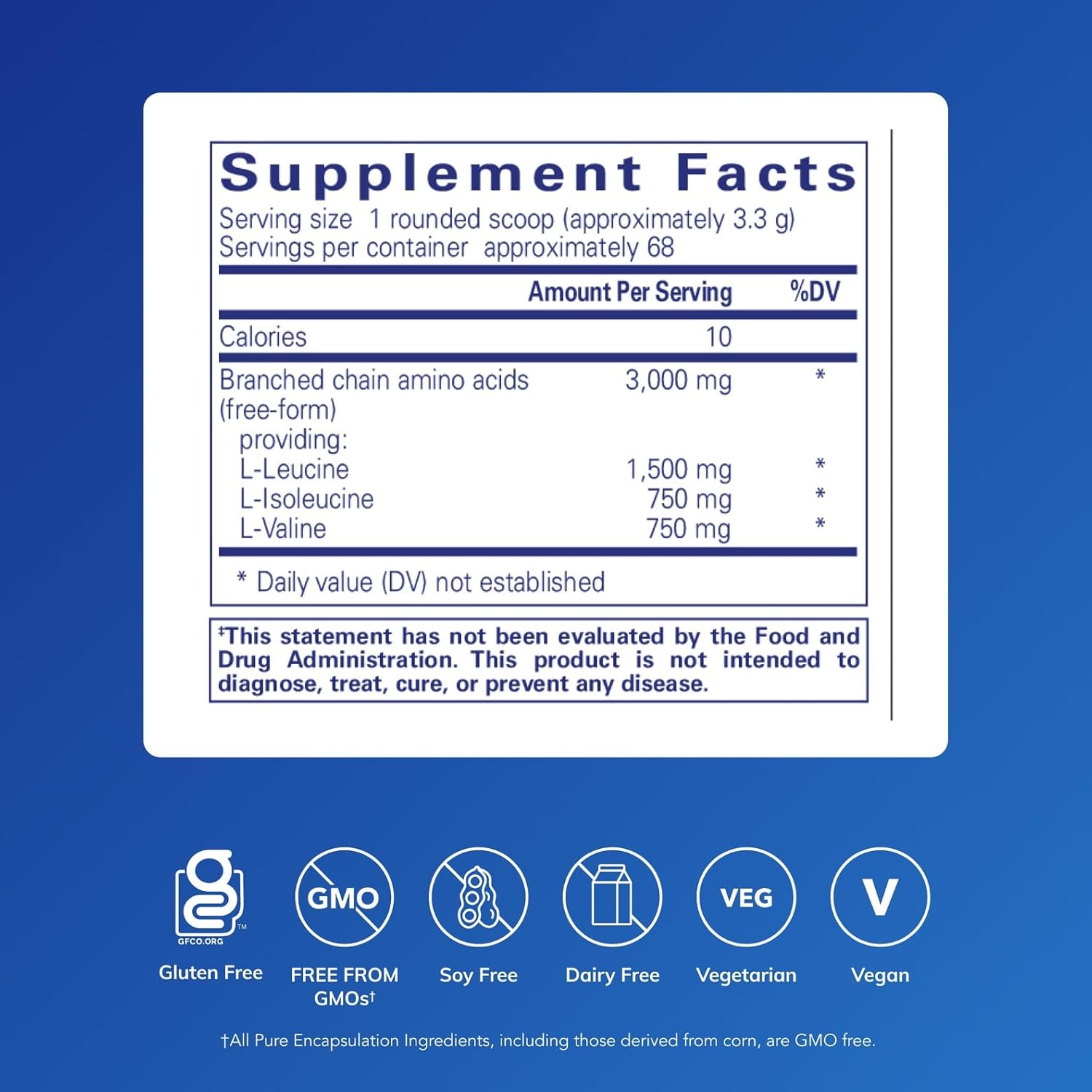 Pure Encapsulations BCAA Powder dietary supplement in an 8-ounce container, supporting muscle function and recovery.