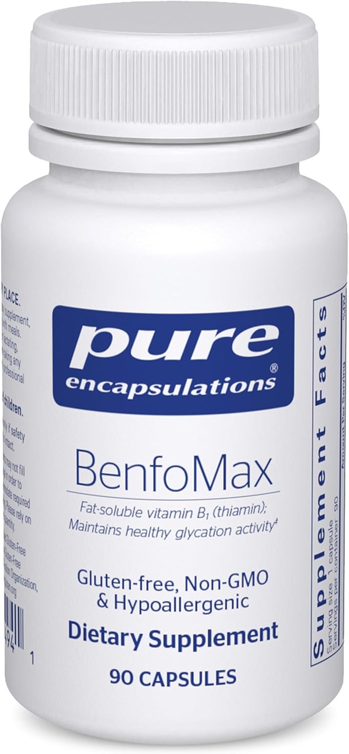 Pure Encapsulations BenfoMax dietary supplement capsules supporting heart and metabolism health, shown in a bottle.