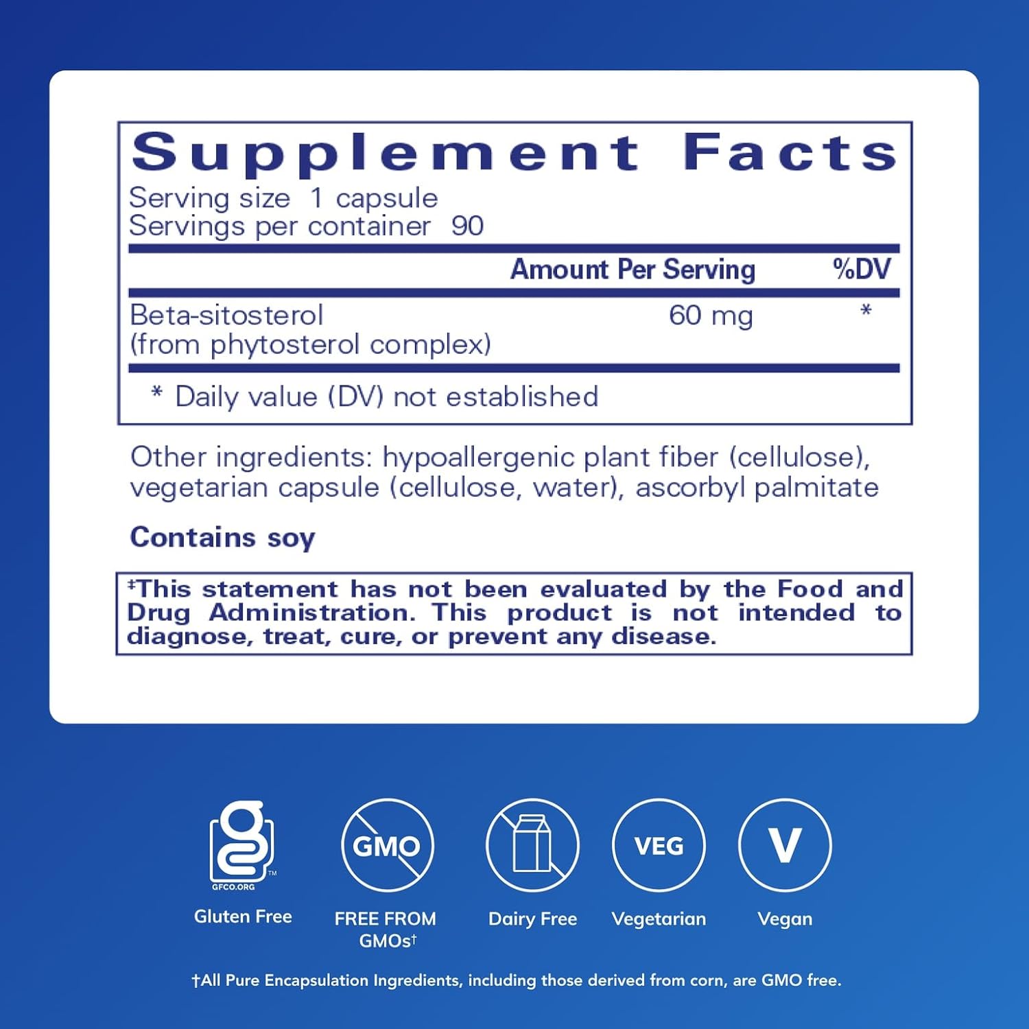 Pure Encapsulations Beta Sitosterol dietary supplement bottle with 90 capsules, supports urinary flow and overall urinary health.