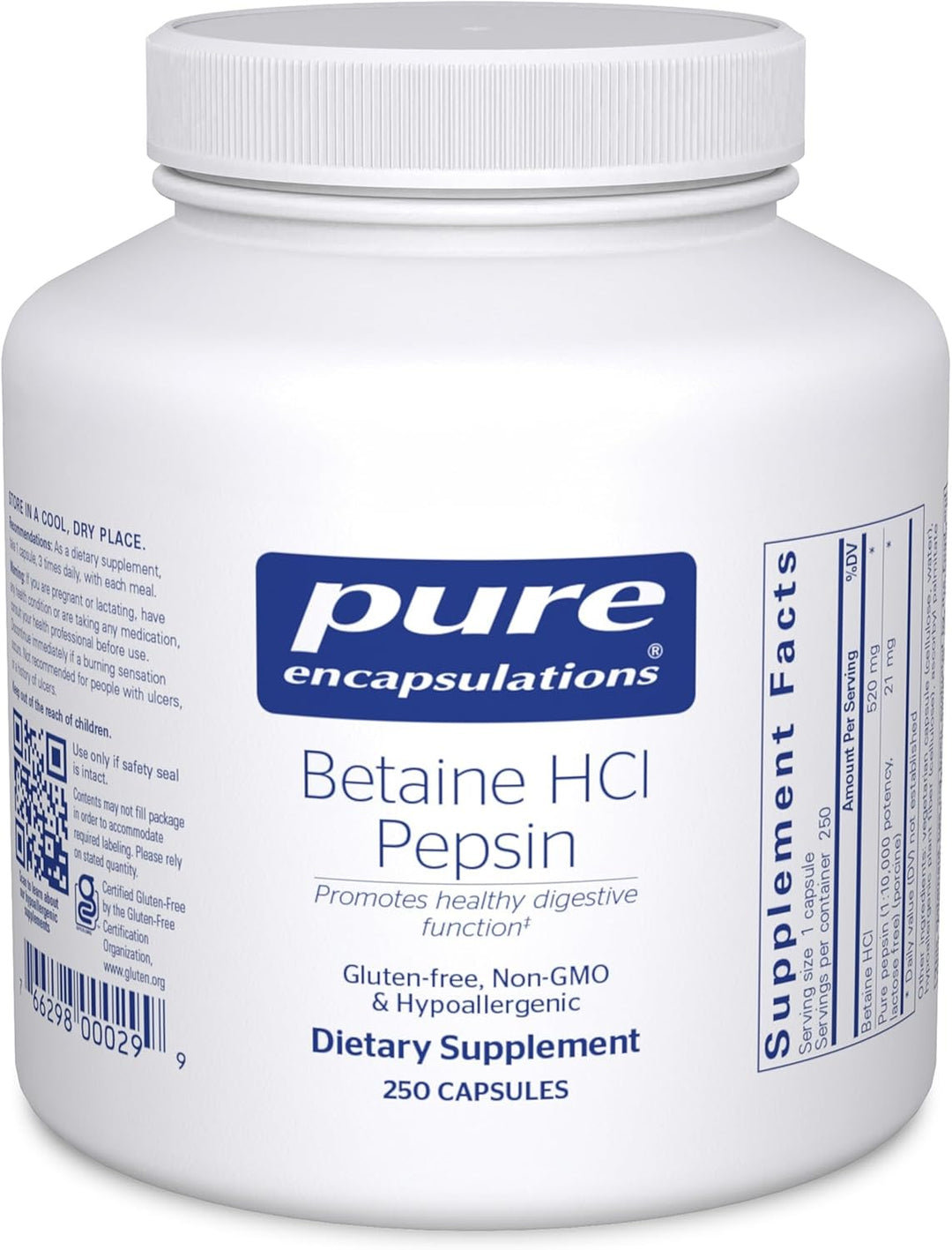 Pure Encapsulations Betaine HCl Pepsin dietary supplement bottles, 250 capsules for digestive health support.