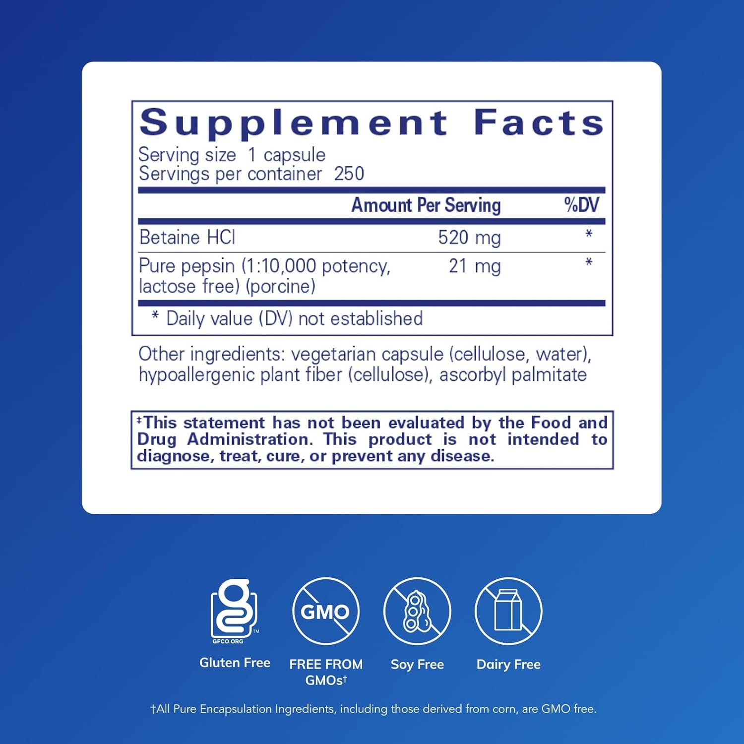 Pure Encapsulations Betaine HCl Pepsin dietary supplement capsules supporting digestive health, shown in a bottle.