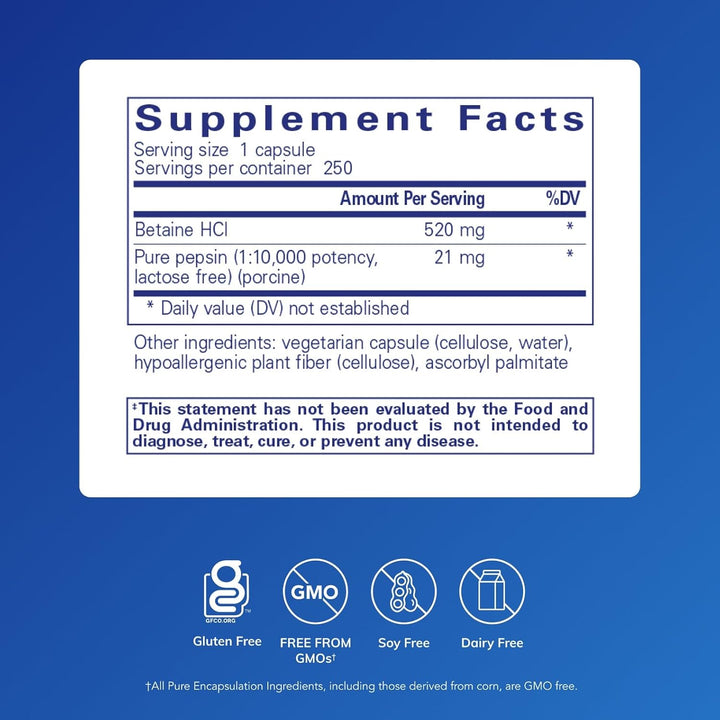Pure Encapsulations Betaine HCl Pepsin dietary supplement capsules supporting digestive health, shown in a bottle.
