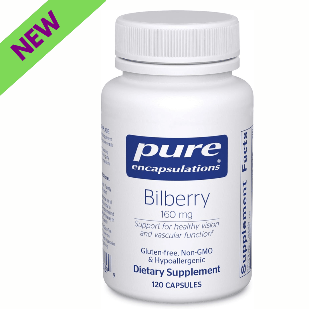 Pure Encapsulations Bilberry dietary supplement with 160 mg for eye and vascular health, shown in a bottle of 120 capsules.