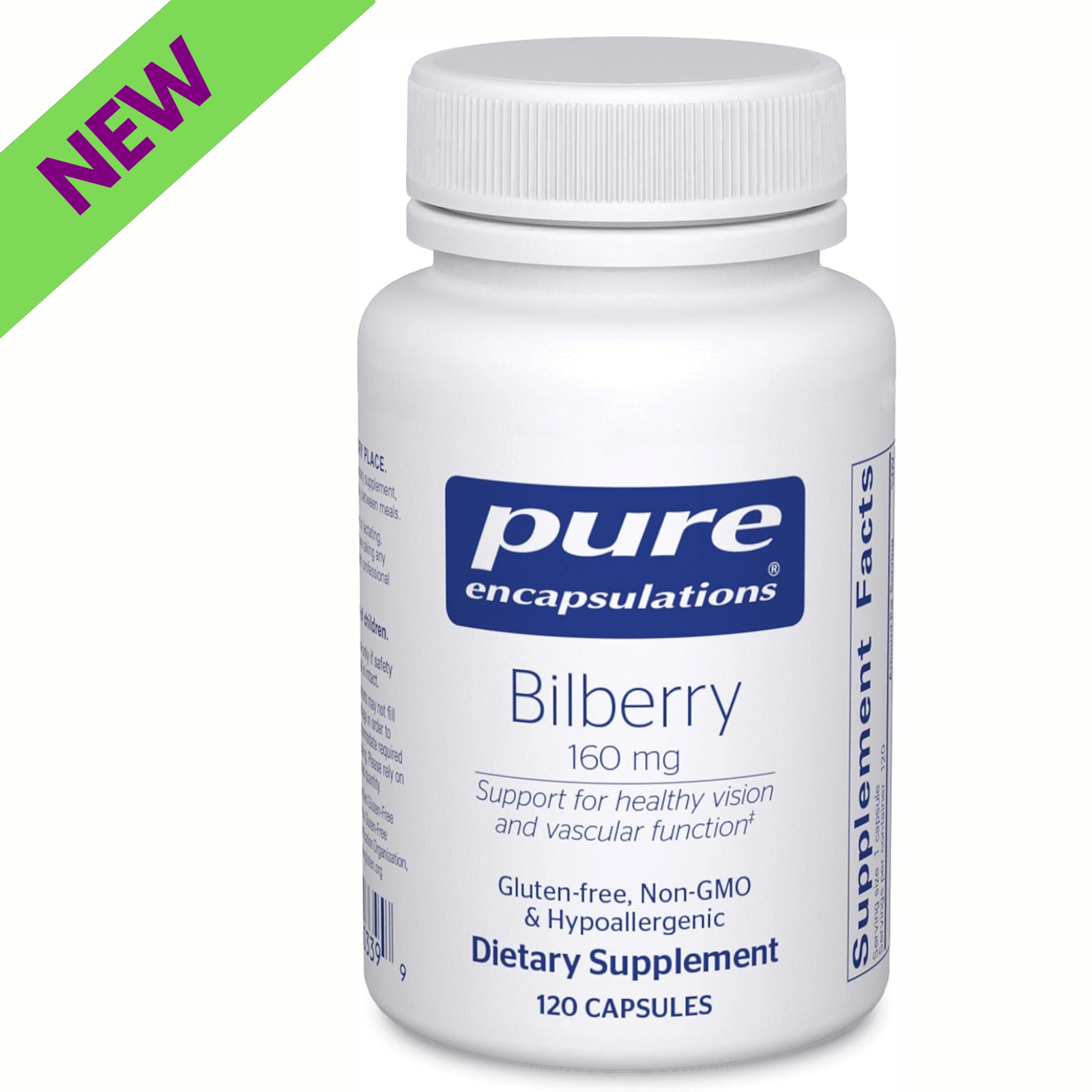 Pure Encapsulations Bilberry dietary supplement with 160 mg for eye and vascular health, shown in a bottle of 120 capsules.