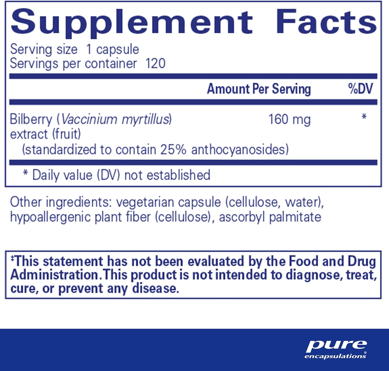Pure Encapsulations Bilberry dietary supplement in a bottle, supporting eye and vascular health with 160 mg bilberry extract.