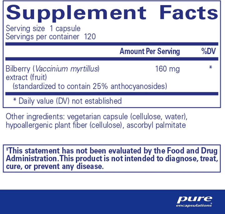 Pure Encapsulations Bilberry dietary supplement in a bottle, supporting eye and vascular health with 160 mg bilberry extract.