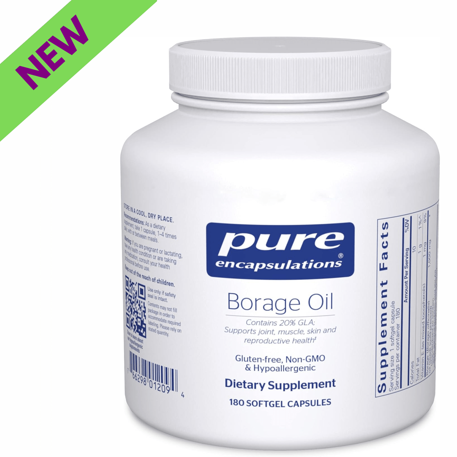 Pure Encapsulations Borage Oil dietary supplement softgels supporting skin, joint, and immune health in a bottle of 180 softgels.