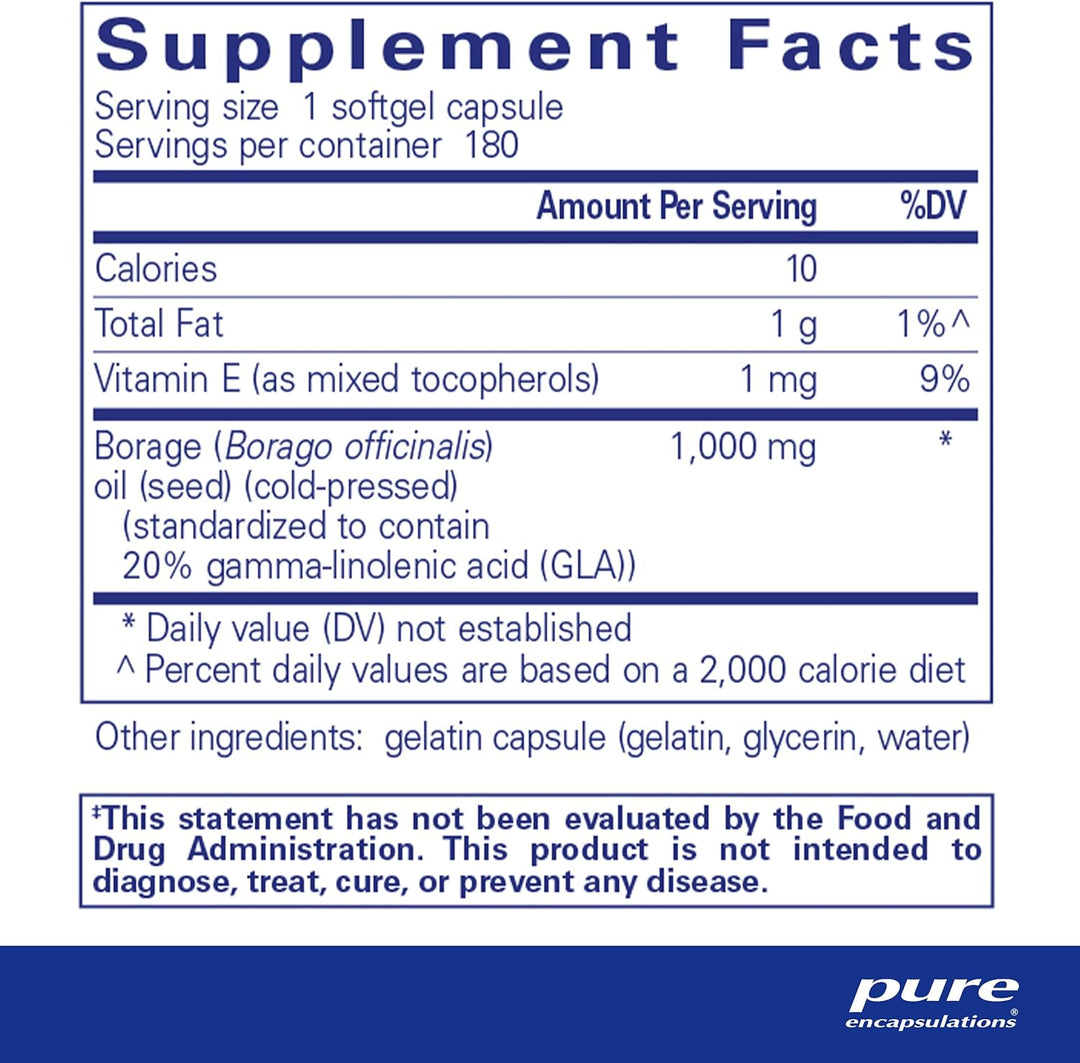 Pure Encapsulations Borage Oil dietary supplement softgels for skin, joint, and immune health in a bottle.