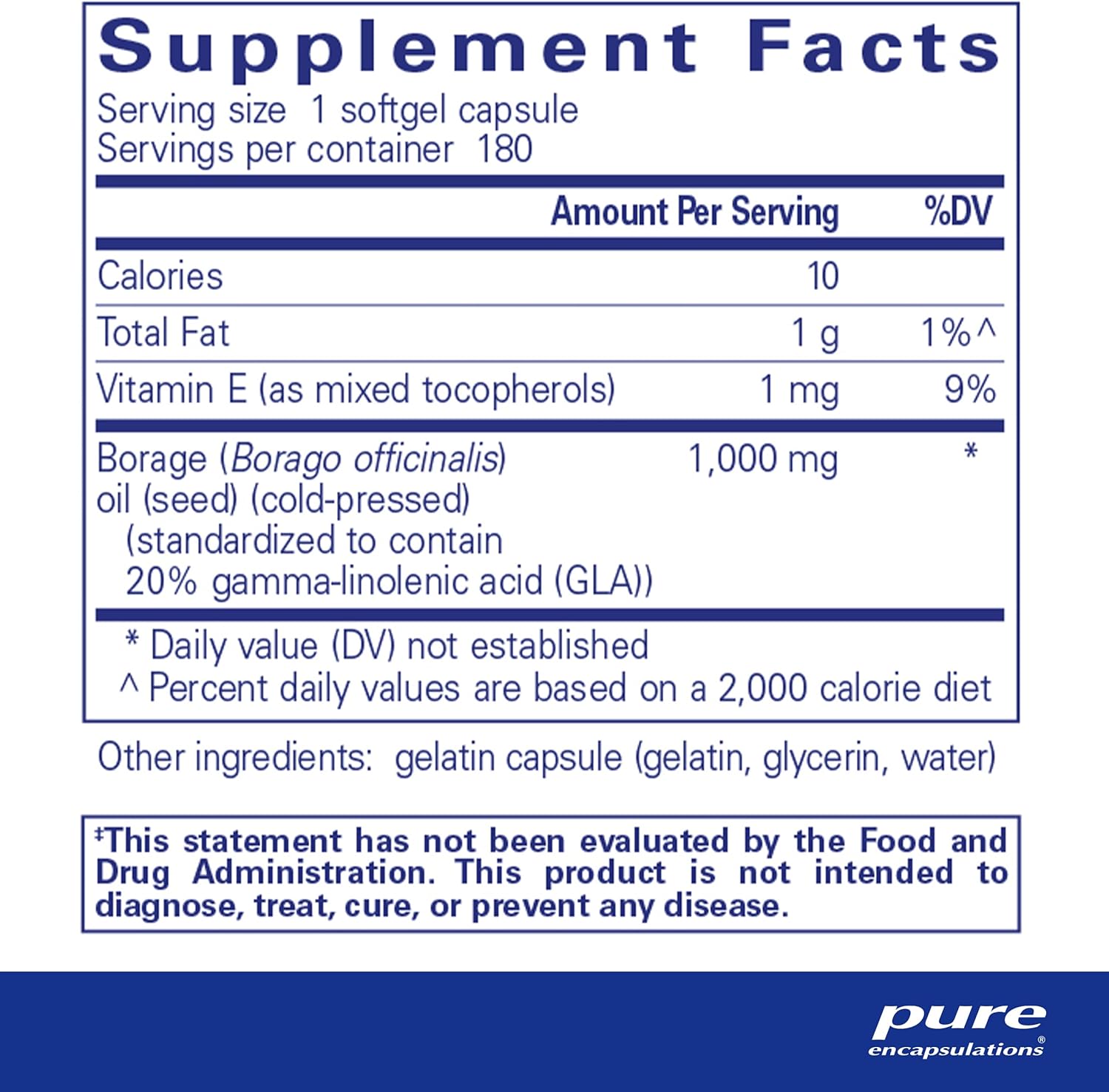 Pure Encapsulations Borage Oil dietary supplement softgels for skin, joint, and immune health in a bottle.
