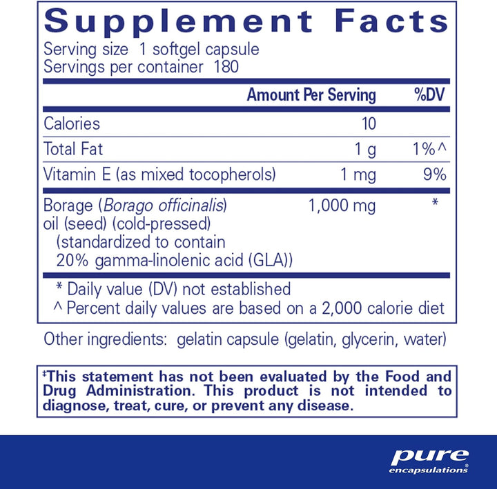 Pure Encapsulations Borage Oil dietary supplement softgels for skin, joint, and immune health in a bottle.
