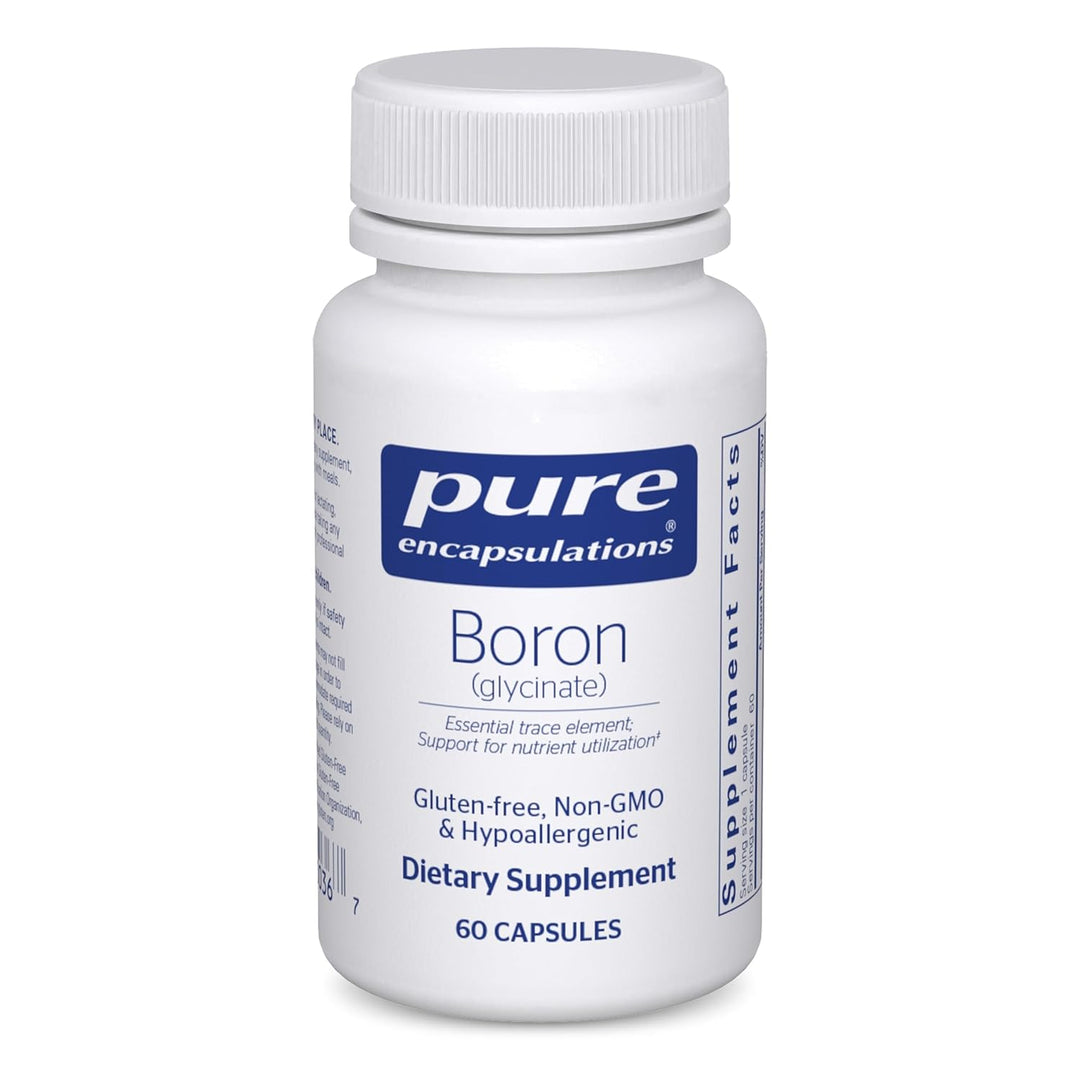 Pure Encapsulations Boron Glycinate dietary supplement bottle with 60 capsules for bone support.