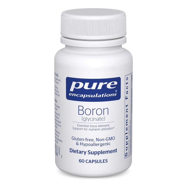 Pure Encapsulations Boron Glycinate dietary supplement bottle with 60 capsules for bone support.