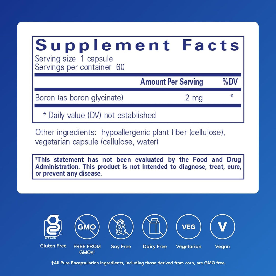 Pure Encapsulations Boron Glycinate dietary supplement bottle with 60 capsules for bone support.