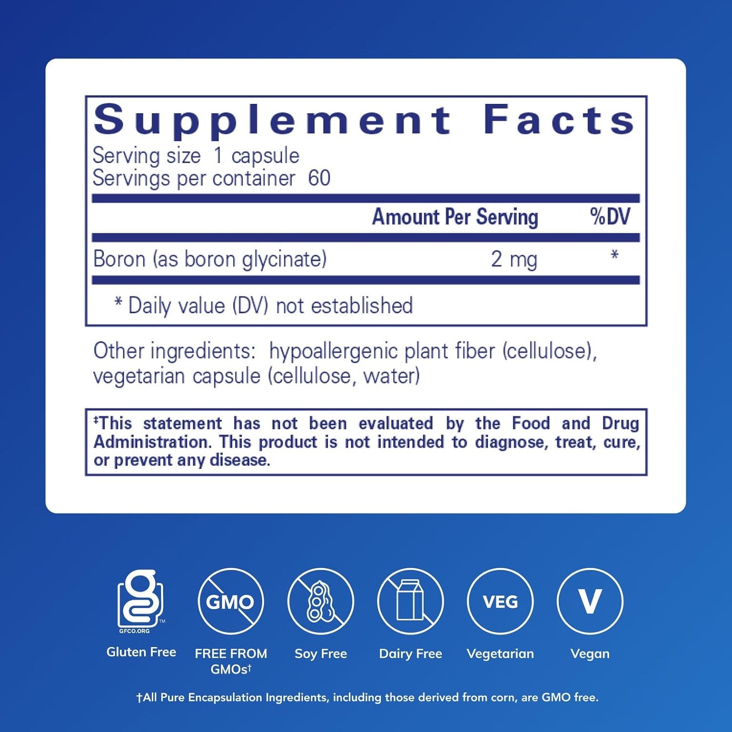 Pure Encapsulations Boron Glycinate dietary supplement bottle with 60 capsules for bone support.
