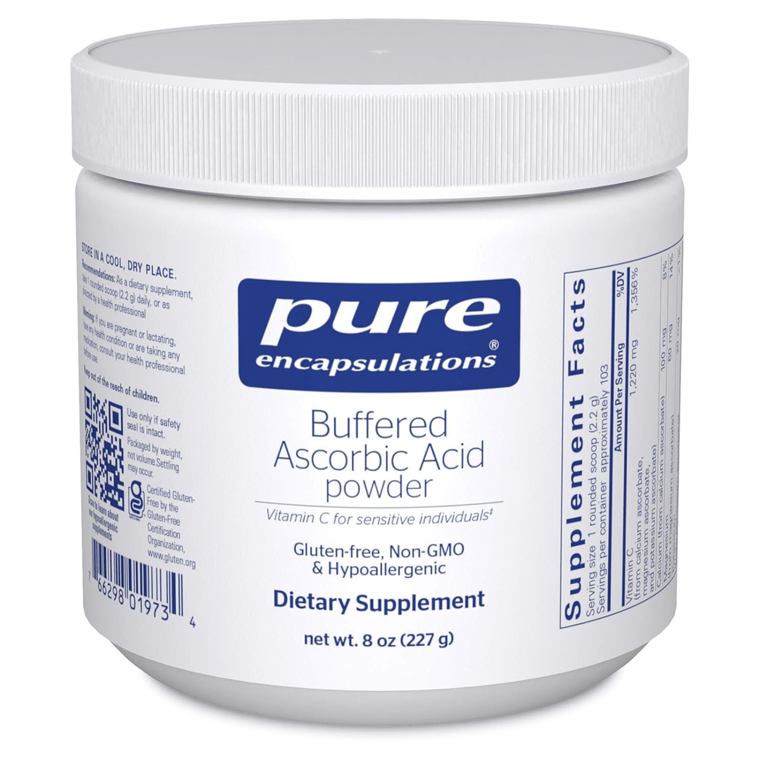 Pure Encapsulations Buffered Ascorbic Acid dietary supplement in an 8-ounce bottle supporting immune function.