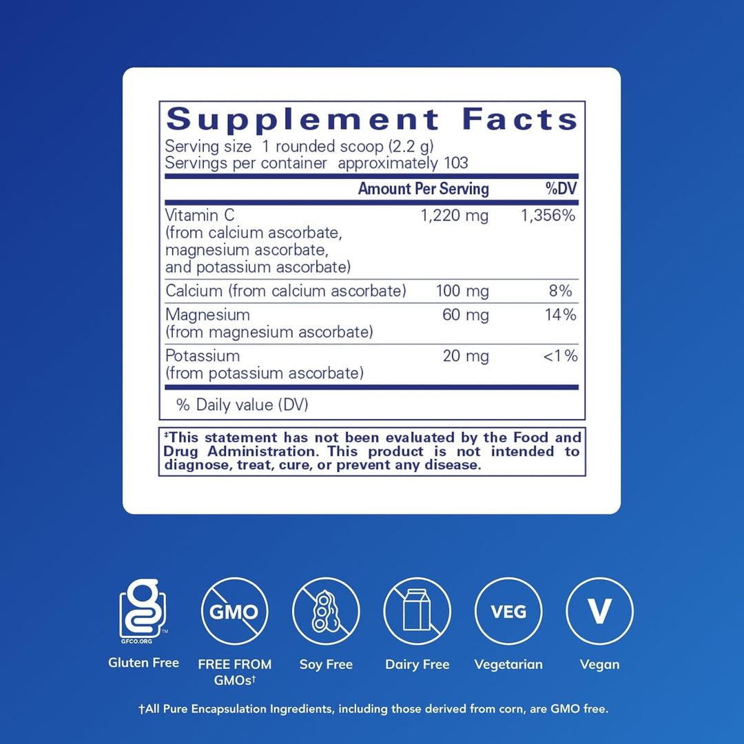 Pure Encapsulations Buffered Ascorbic Acid dietary supplement bottle, 8 ounces, supporting immune function with vitamin C.