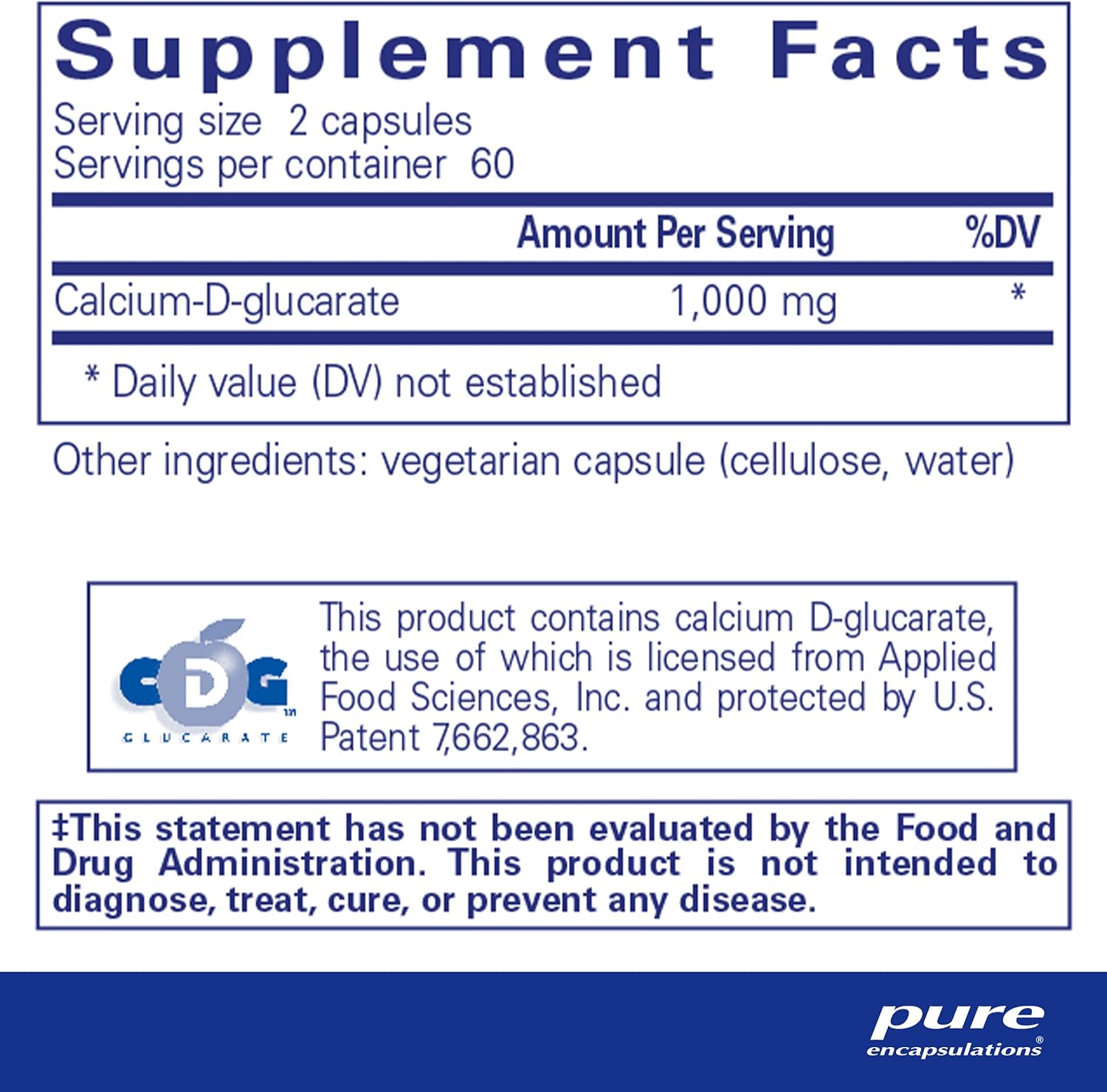 Pure Encapsulations Calcium D Glucarate dietary supplement capsules for cellular detox and health support.