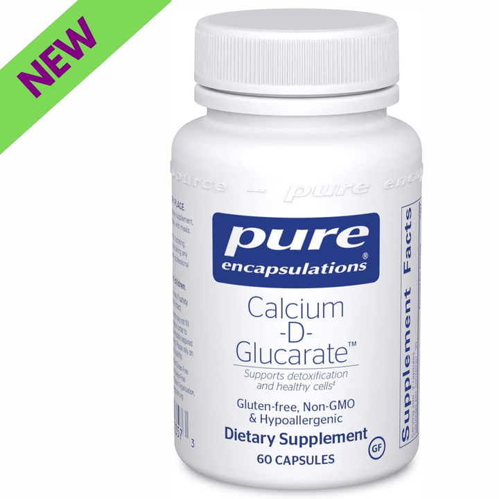 Pure Encapsulations Calcium D-Glucarate dietary supplement bottle with 60 capsules for cellular detox and balance.