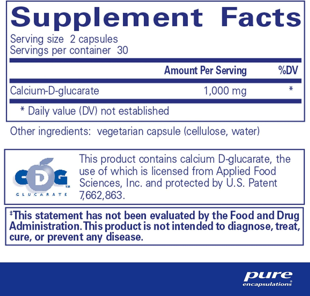 Pure Encapsulations Calcium D-Glucarate dietary supplement bottle with 60 capsules, supporting cellular detox and balance.